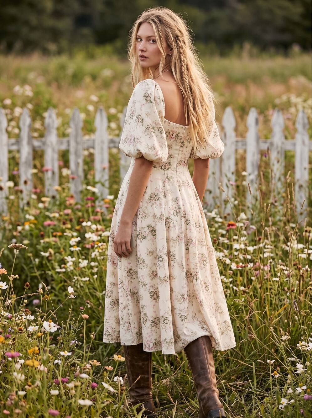 Selkie Coquette Fairytale Princess Floral Puff Sleeve Midi Day Dress Size Large